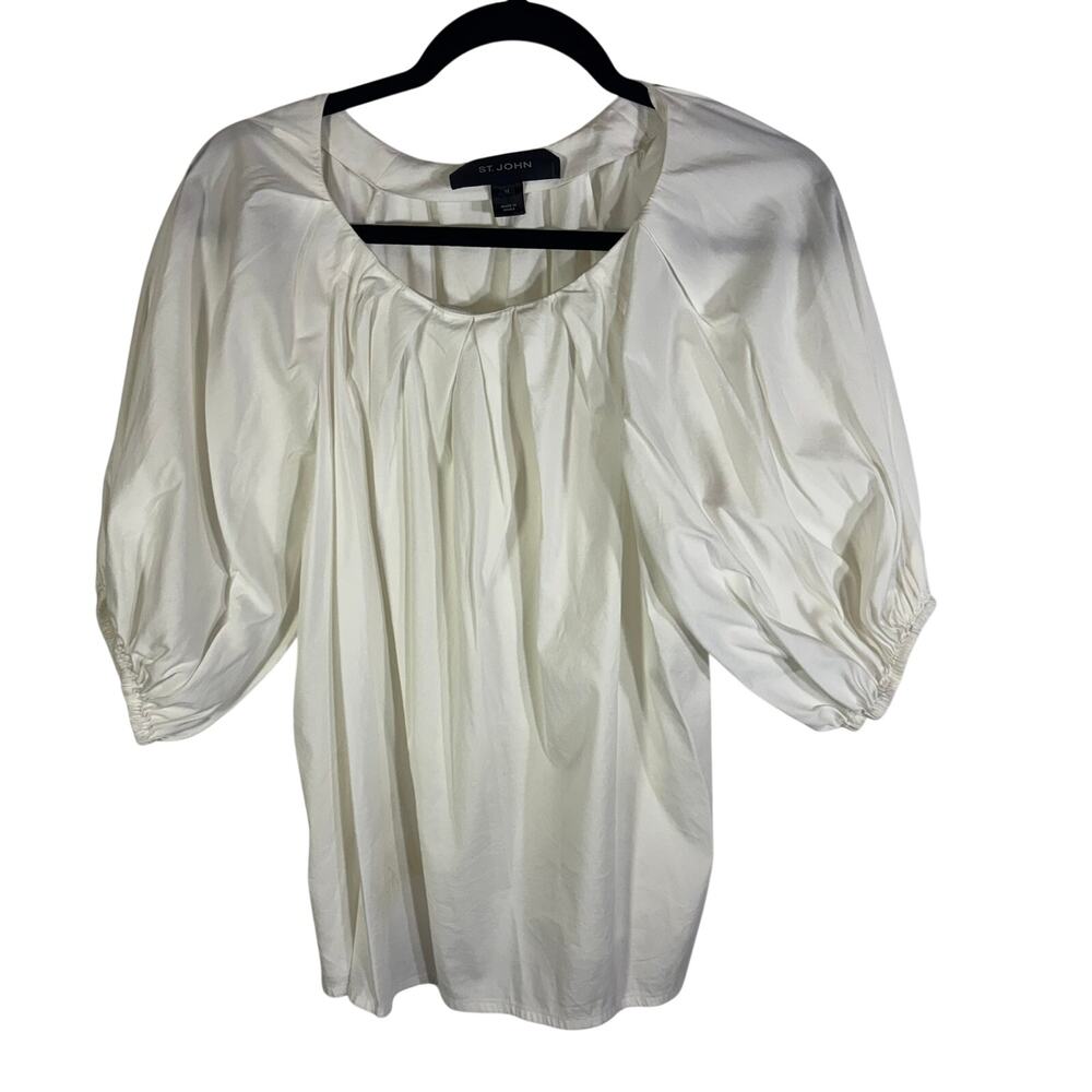 St. John Blouse Womens 12 Ivory Pleated Puff Sleeve Luxury Designer Top
